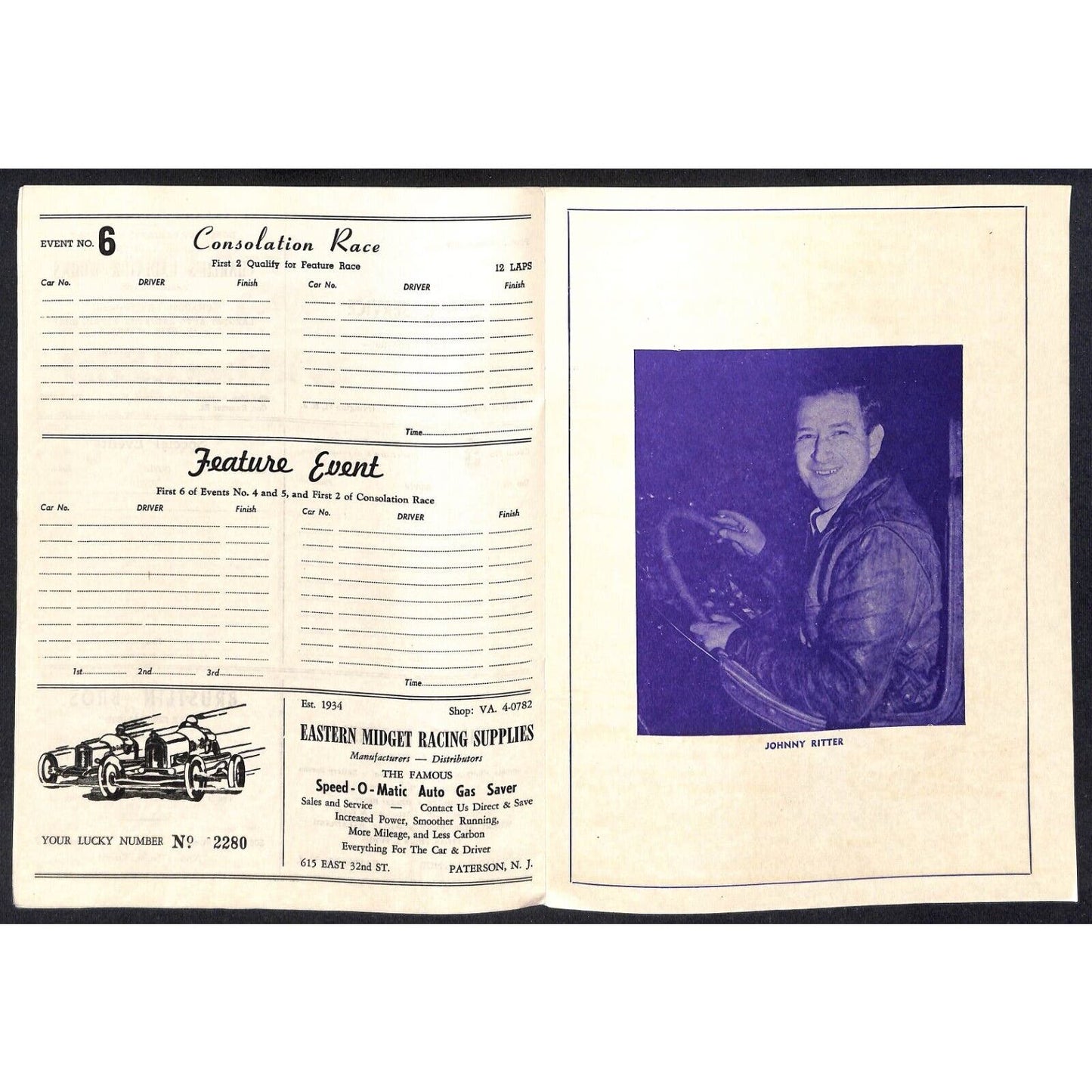 Hinchliffe Stadium ? Auto Racing Program Midget Car Al Duris Paul Russo Scarce