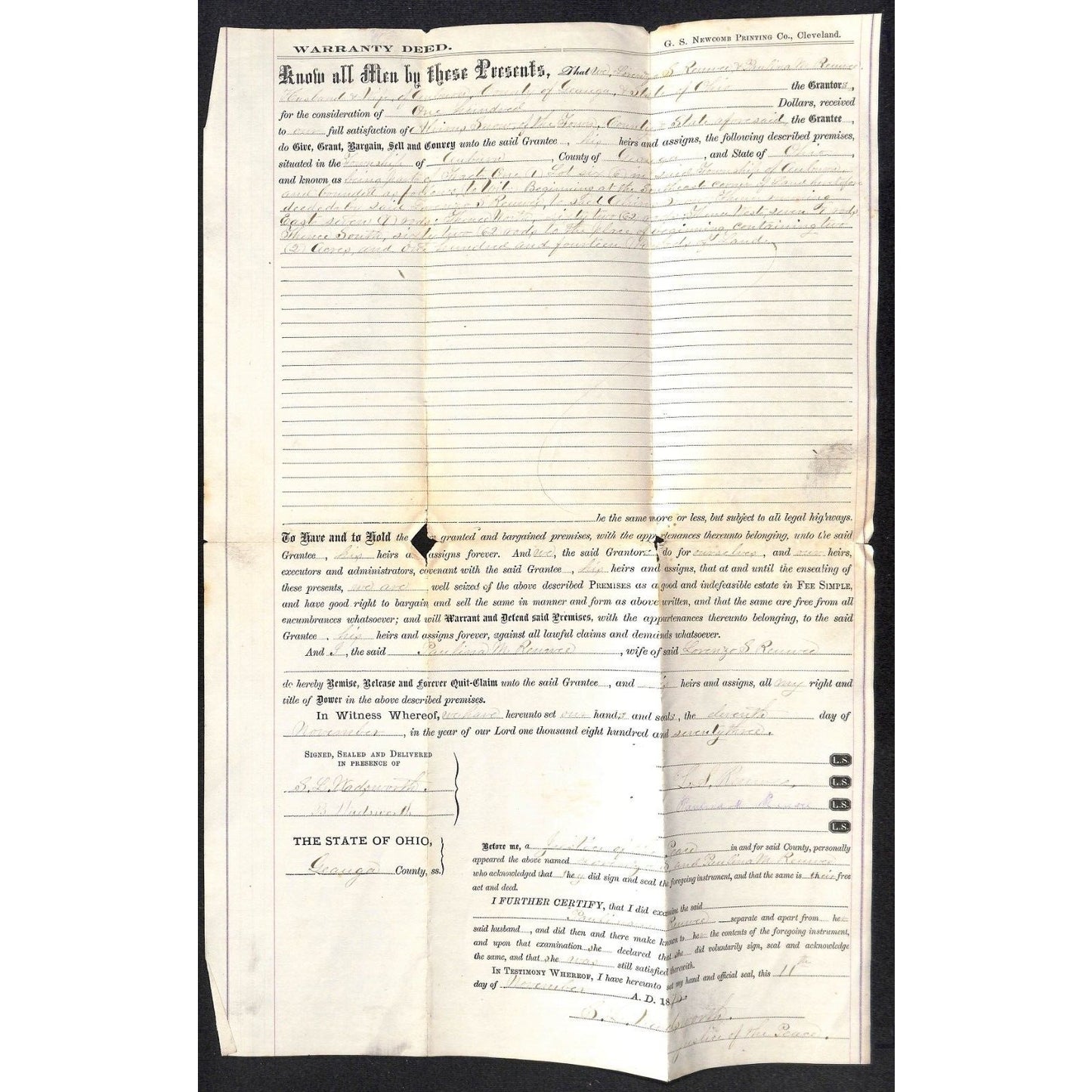 1855 Warranty Deed Horatio Miller to Aboirus Snow ? Williams County, OH