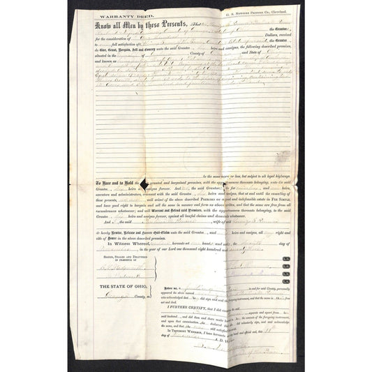 1855 Warranty Deed Horatio Miller to Aboirus Snow ? Williams County, OH