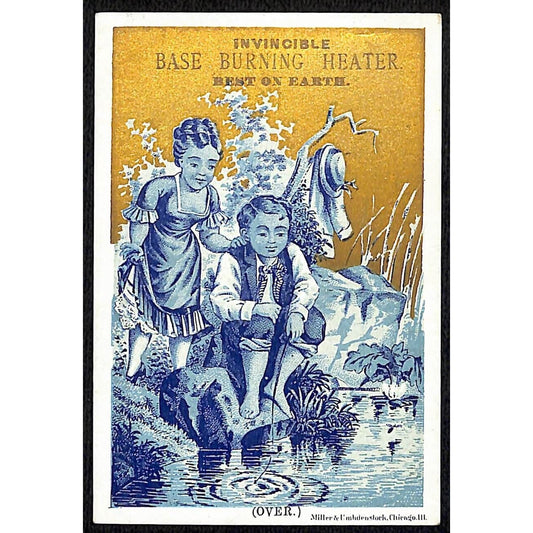 Invincible Base Burning Heater Victorian Trade Card Couple Fishing at Pond
