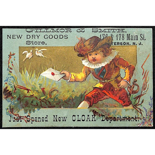 Gillmor & Smith dry Goods Paterson NJ Victorian Trade Card Boy Delivering Letter