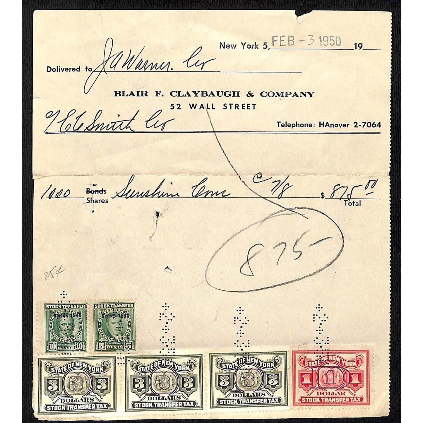 Blair F. Claybaugh & Co NYC 1950 Share Purchase Receipt / Billhead w/Tax Stamps