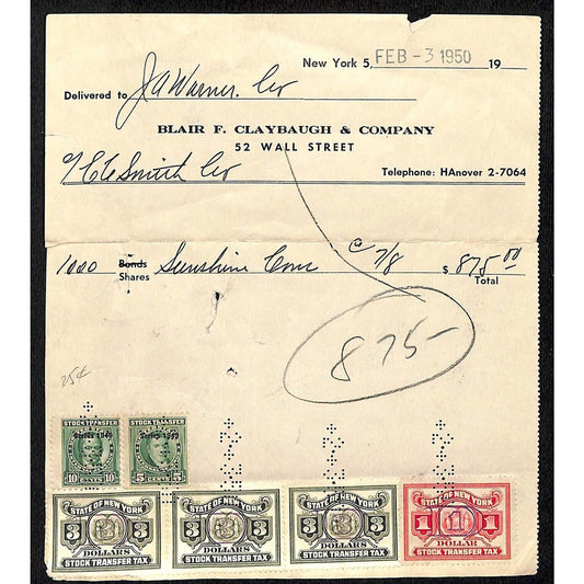 Blair F. Claybaugh & Co NYC 1950 Share Purchase Receipt / Billhead w/Tax Stamps