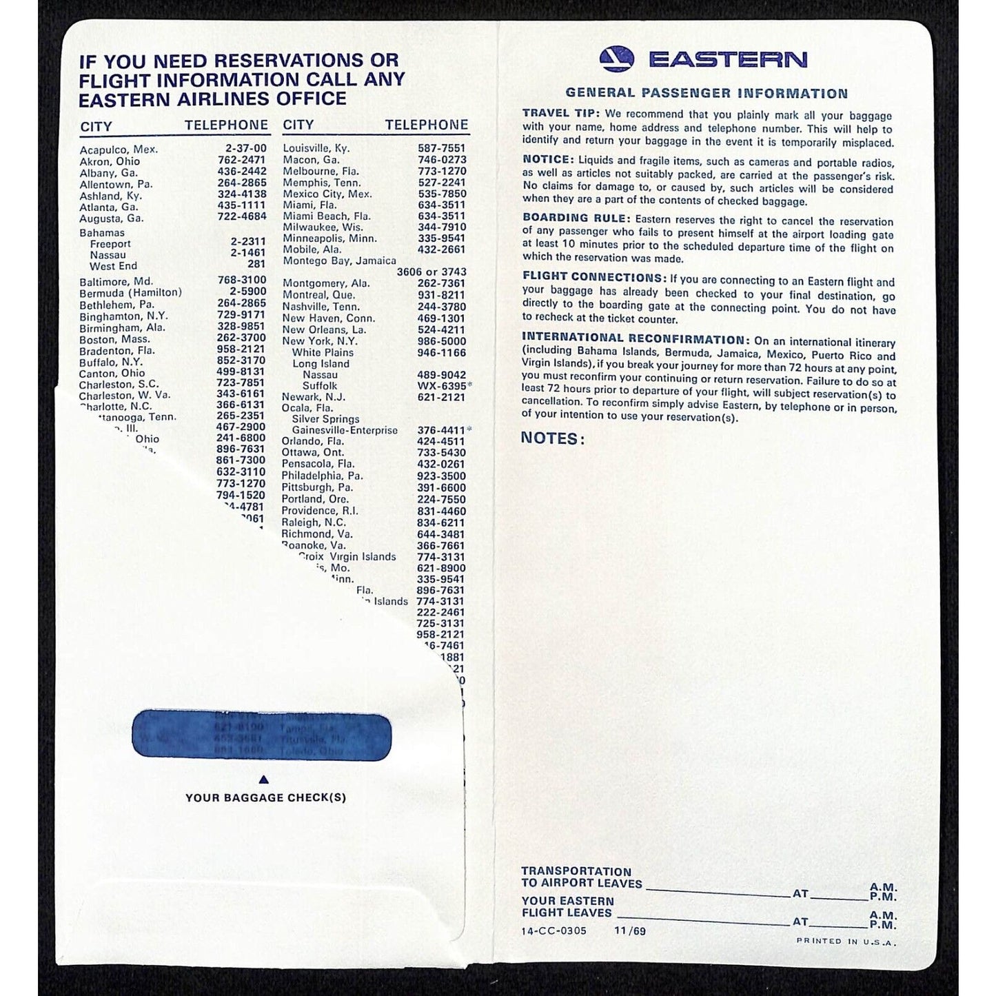 Eastern Airlines c1969 - 1970 Ticket Holder / Boarding Envelope VGC