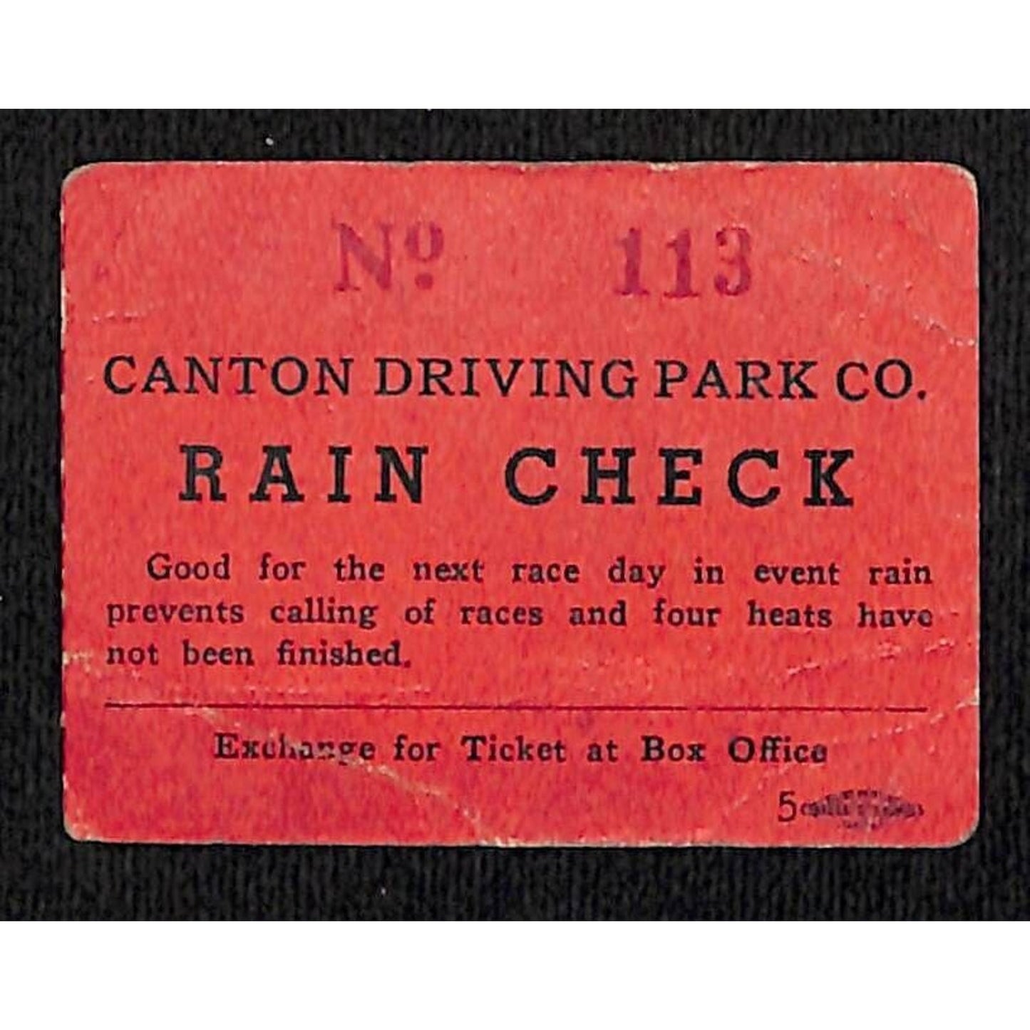 Canton Driving Park Rain Check Stub #113 Race Day Ohio Horse Races c1930's-40's?