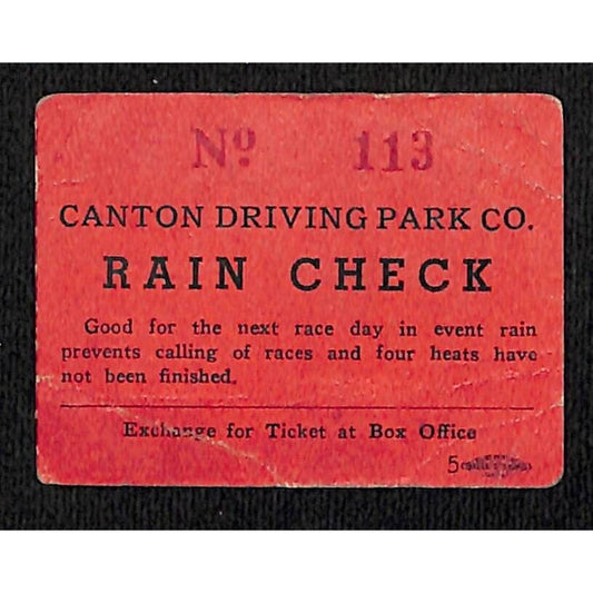 Canton Driving Park Rain Check Stub #113 Race Day Ohio Horse Races c1930's-40's?