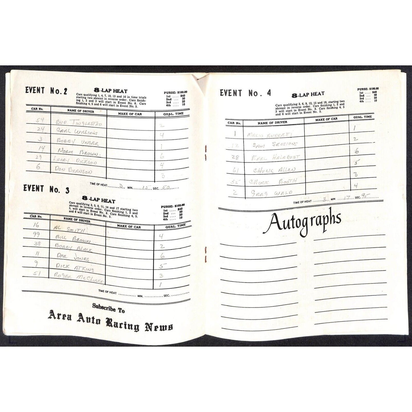 Reading Fairgrounds 1966 USAC Auto Races Program Sprint Car 8pp* Mario / Unser