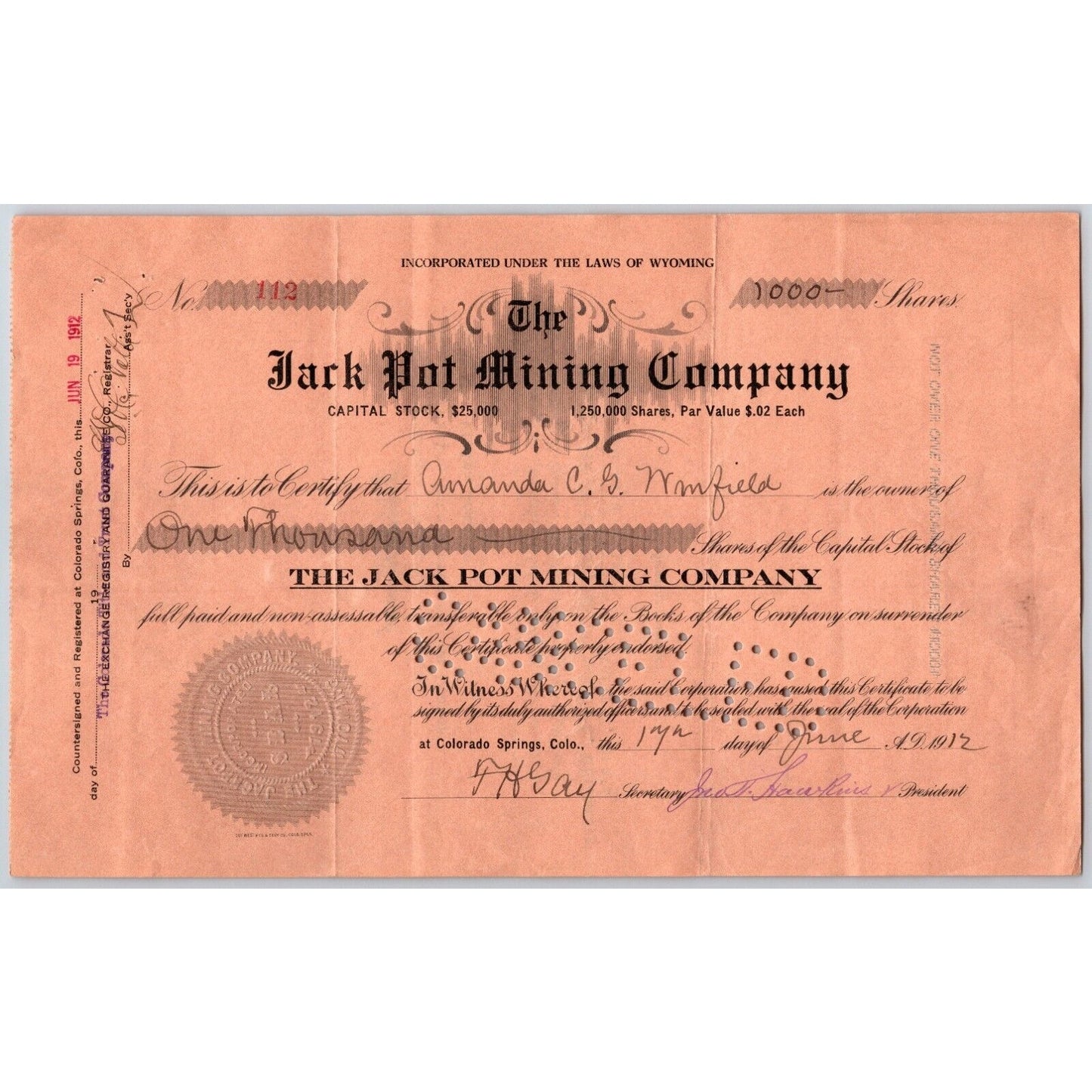 Jack Pot Mining Co. 1912 Stock Certificate Cripple Creek District #112