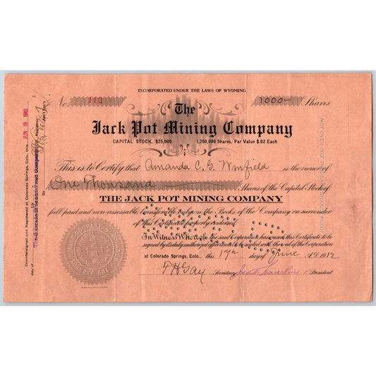 Jack Pot Mining Co. 1912 Stock Certificate Cripple Creek District #112