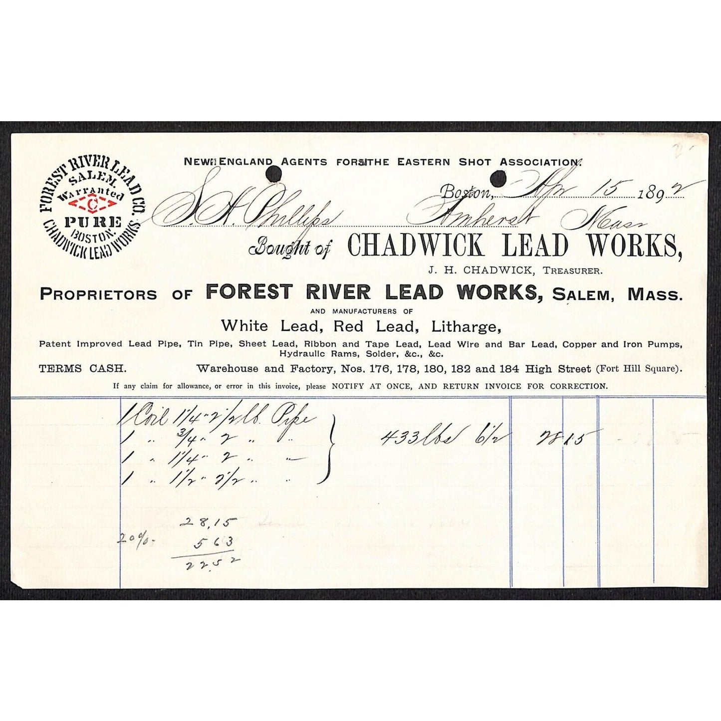 Chadwick / Forest River Lead Works Boston Red / White Lead 1892 Billhead