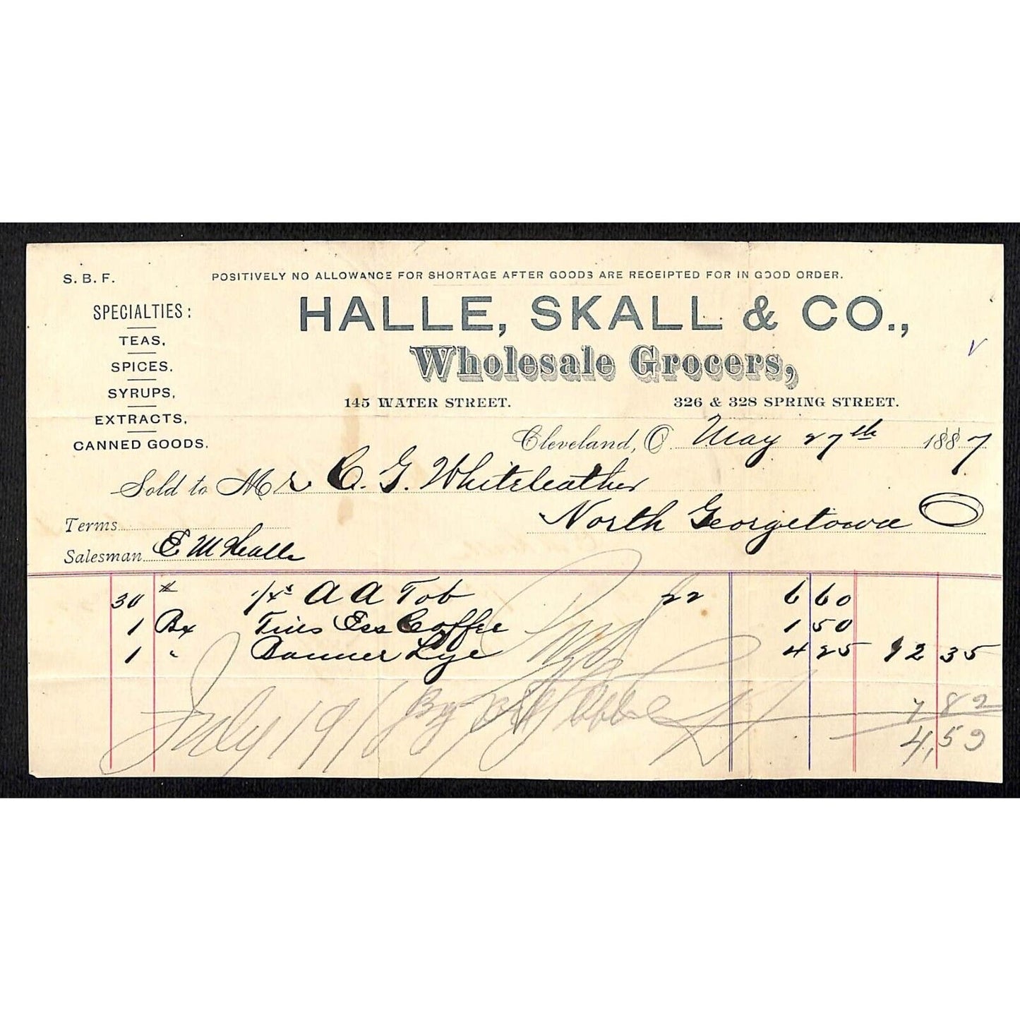 Halle & Schwarz Grocers Cleveland Billhead 1887 Whiteleather* N. Georgetown OH