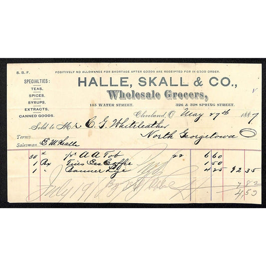 Halle & Schwarz Grocers Cleveland Billhead 1887 Whiteleather* N. Georgetown OH