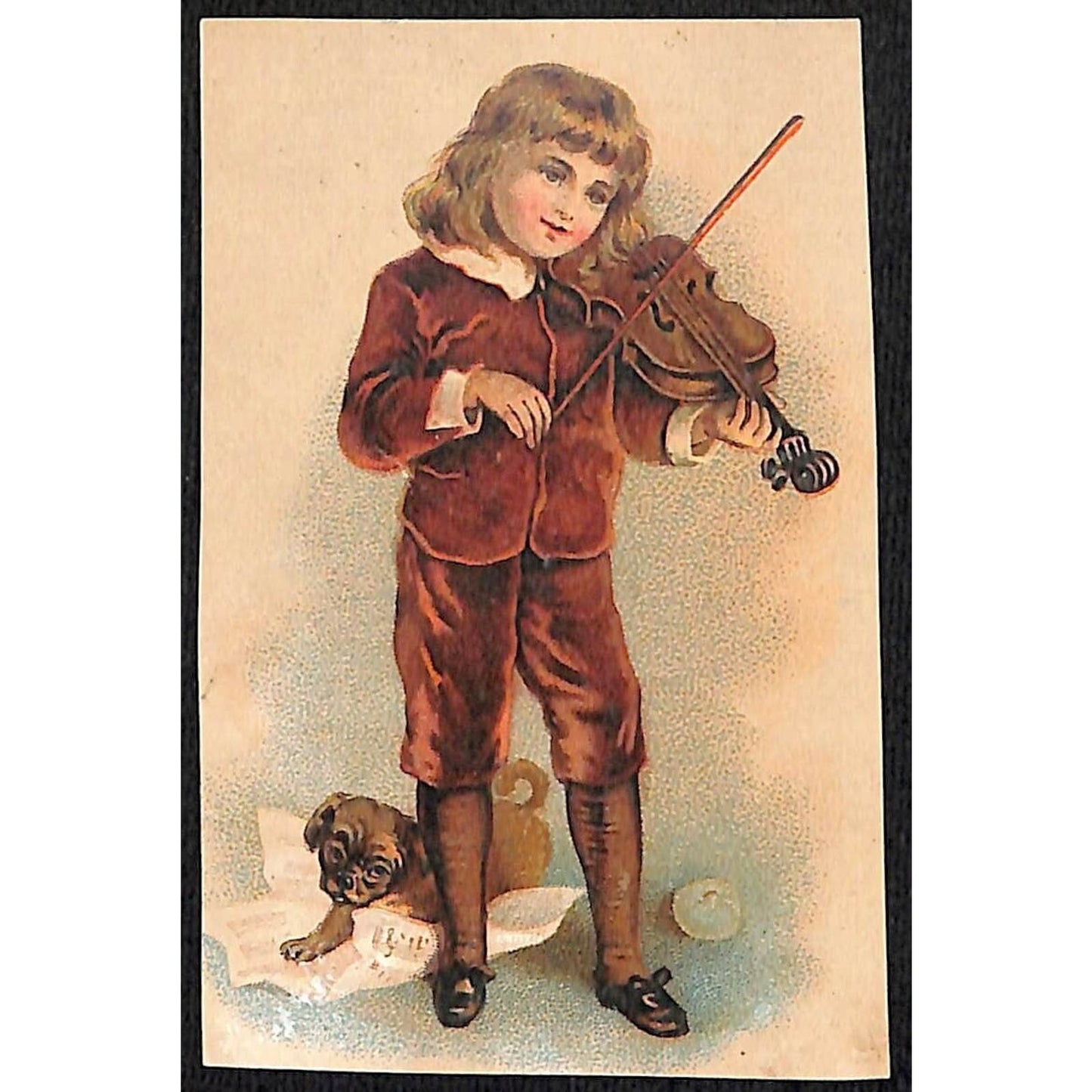 New Haven, CT Celluloid Starch Co. Victorian Trade Card Boy w/ Dog Plays Violin