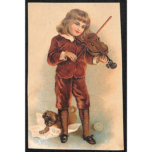 New Haven, CT Celluloid Starch Co. Victorian Trade Card Boy w/ Dog Plays Violin