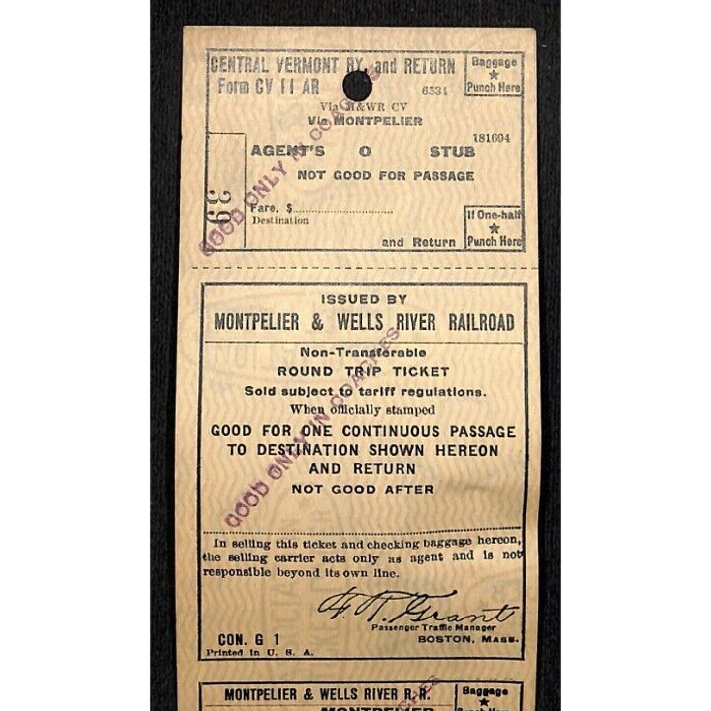 Montpelier and Wells River Railroad Unused Round Trip Ticket Scarce c1941 #39