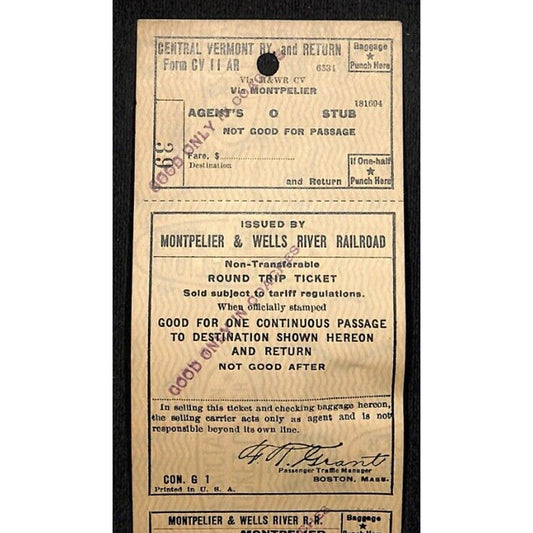 Montpelier and Wells River Railroad Unused Round Trip Ticket Scarce c1941 #39