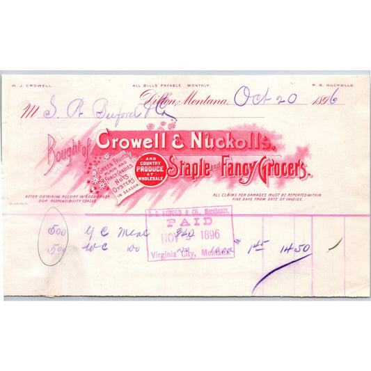 Dillon, MT Crowell & Nuckolls 1896 Grocers Billhead S.R. Buford* Virginia City