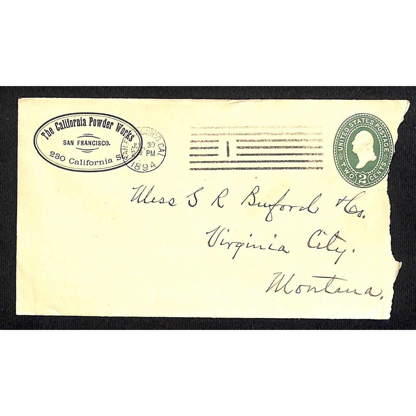 California Powder Works (Hercules) 1894 Cover S.R. Buford Virginia City, MT VGC