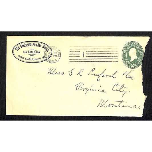 California Powder Works (Hercules) 1894 Cover S.R. Buford Virginia City, MT VGC