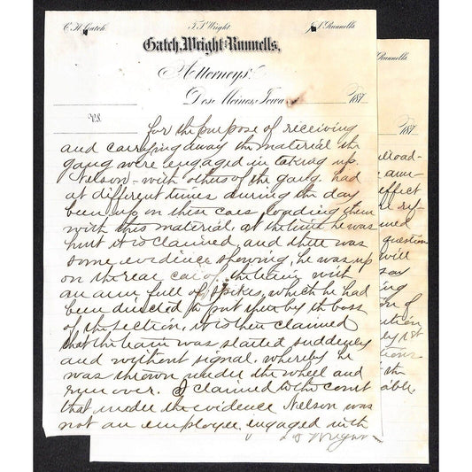 Gatch, Wright and Runnells c1872-74 Partial Letter "..Hazardous..Railroading"