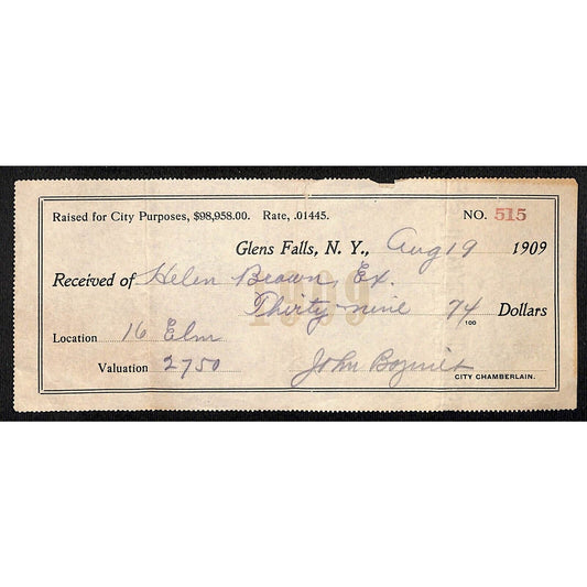 Glens Falls, NY $39.74 Property Tax Receipt 1909