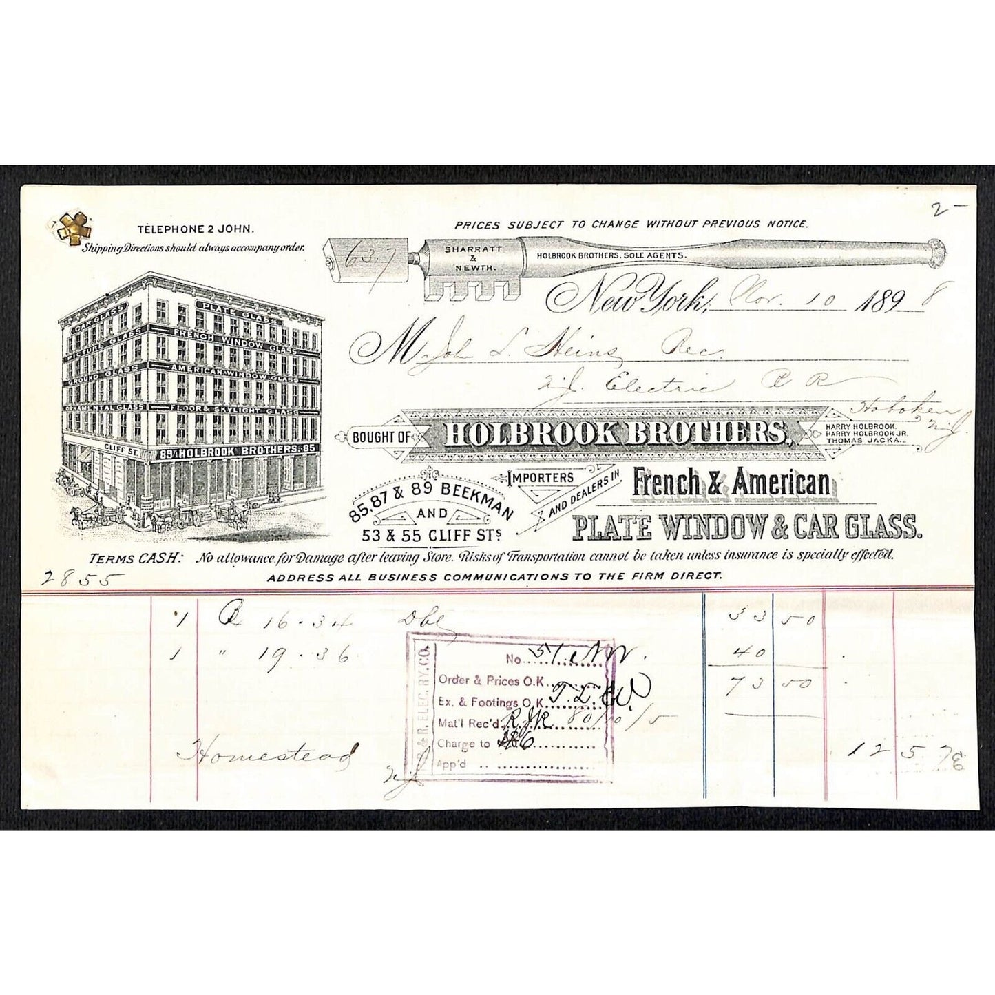 Holbrook Brothers Beekman NYC Plate Window & Car Glass 1898 Billhead - Scarce