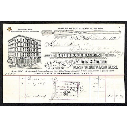 Holbrook Brothers Beekman NYC Plate Window & Car Glass 1898 Billhead - Scarce