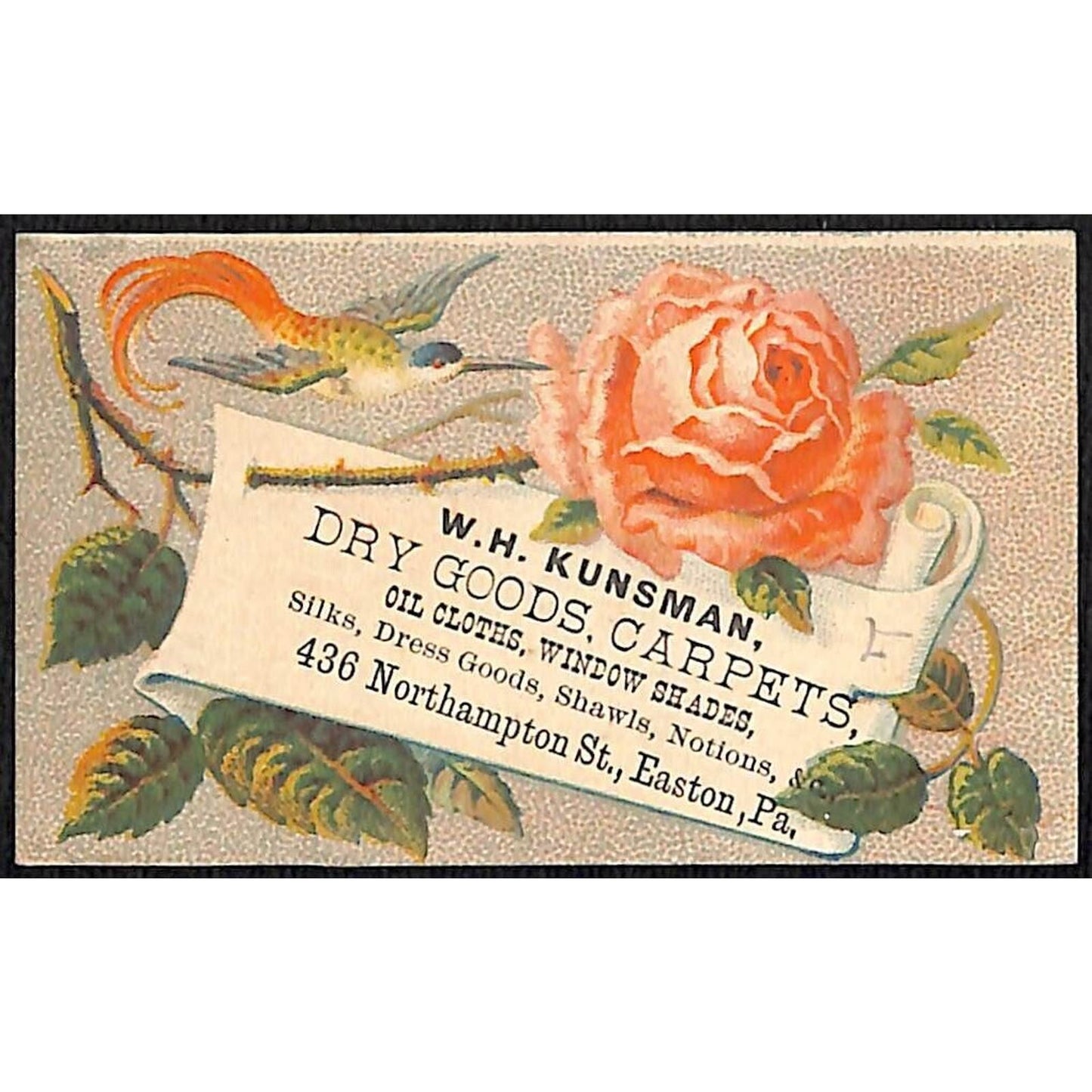 Easton, PA W.H. Kunsman Dry Goods Carpets Oil Clothes Victorian Trade Card VGC