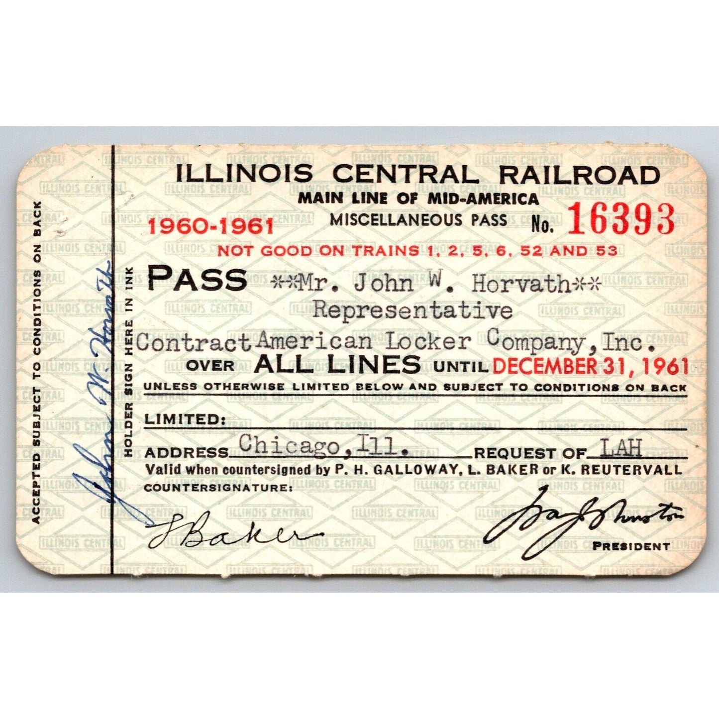 Illinois Central Railroad 1960-61 Yearly Train Pass #16393