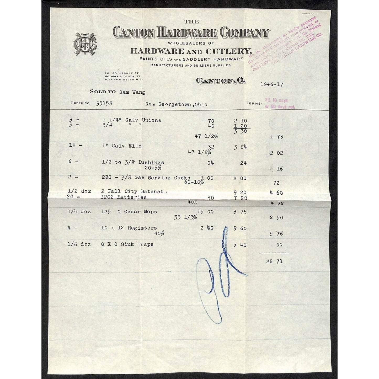 Canton Hardware Co. Ohio / Samuel Wang Co.* N. Georgetown 1917 Billhead & Cover