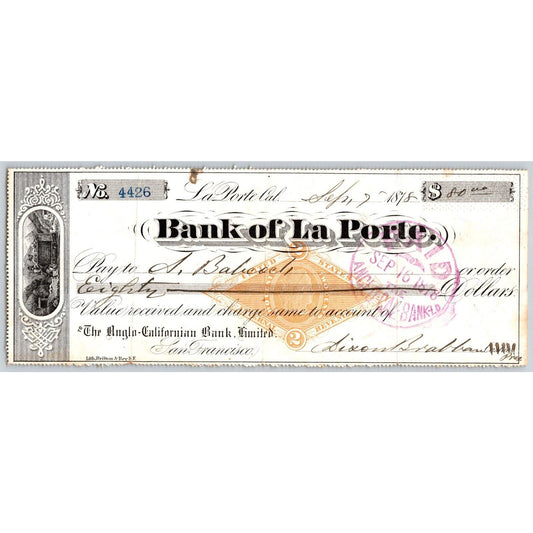 Bank of La Porte Check A. Babcock ? 1878 Mining Vignette #4426