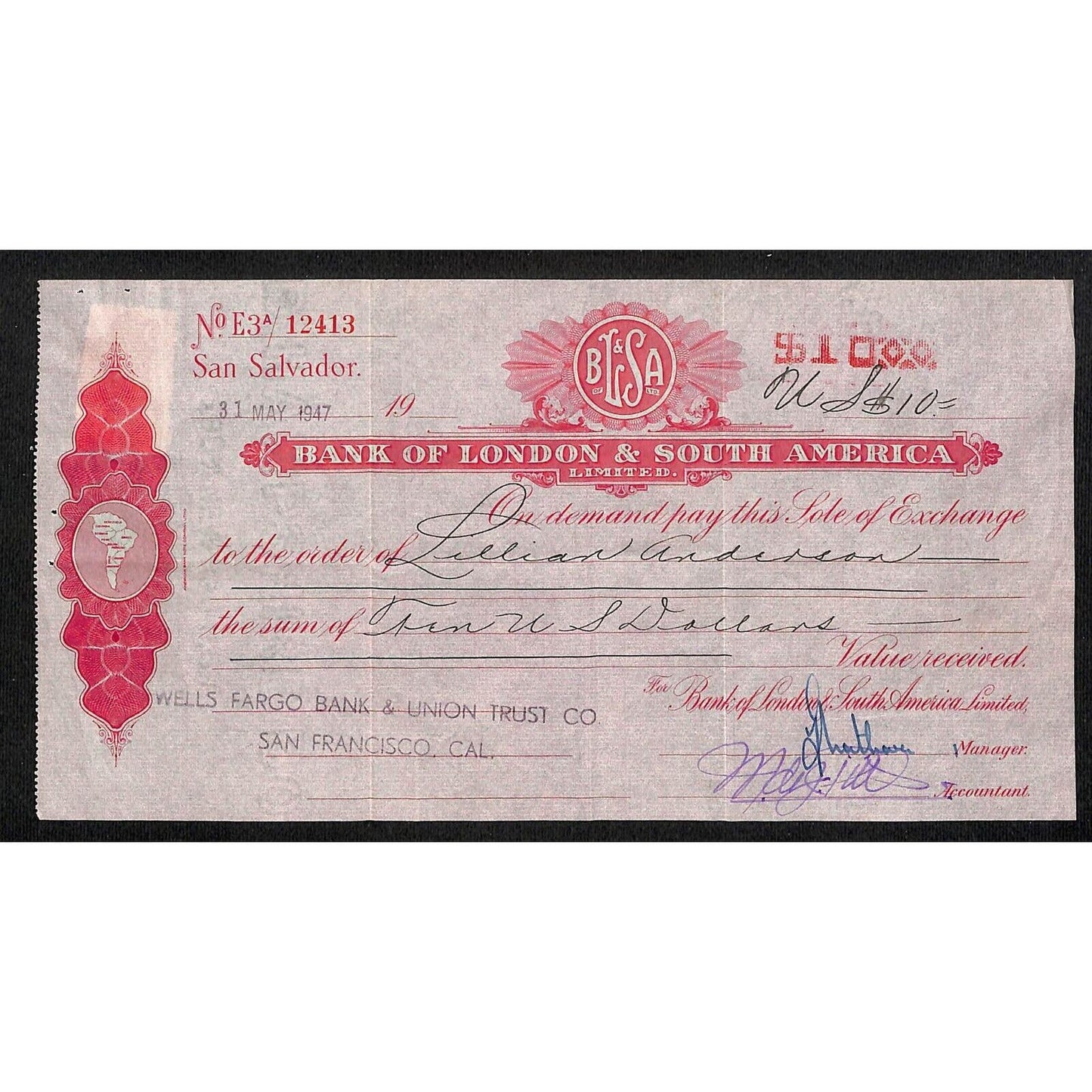 Bank of London & South America 1947 Large Exchange / Check VGC
