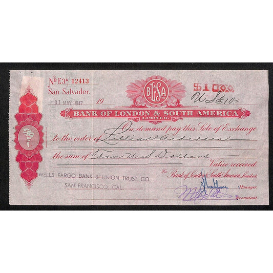 Bank of London & South America 1947 Large Exchange / Check VGC