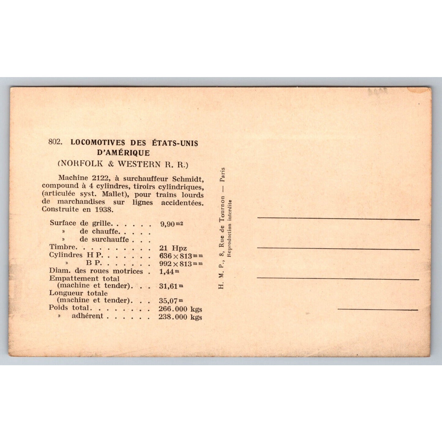French Railroad RPPC* Postcard Machine 2122 c1938 H.M.P.