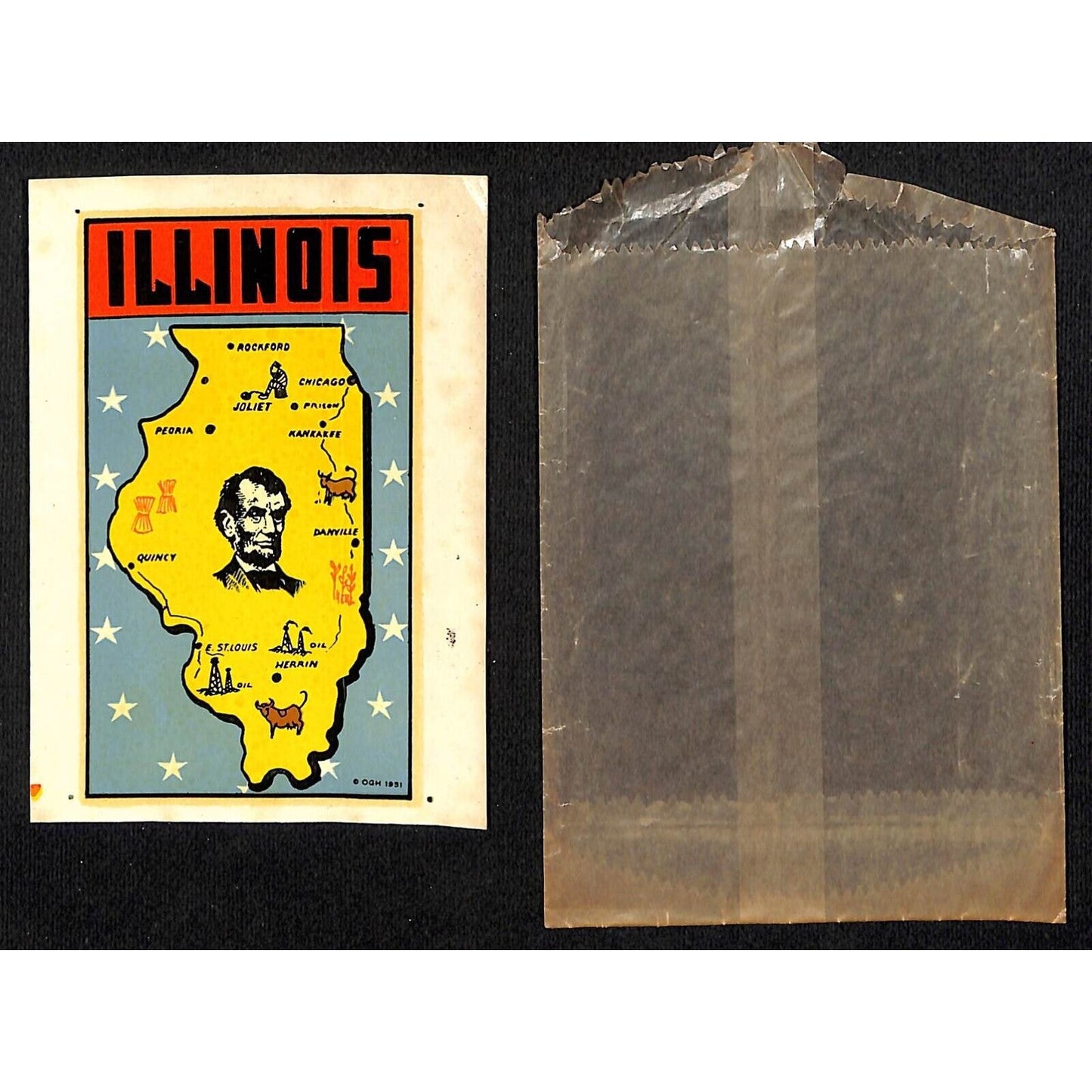 Illinois Map / President Lincoln Water Transfer Decal Travel Souvenir c1950's