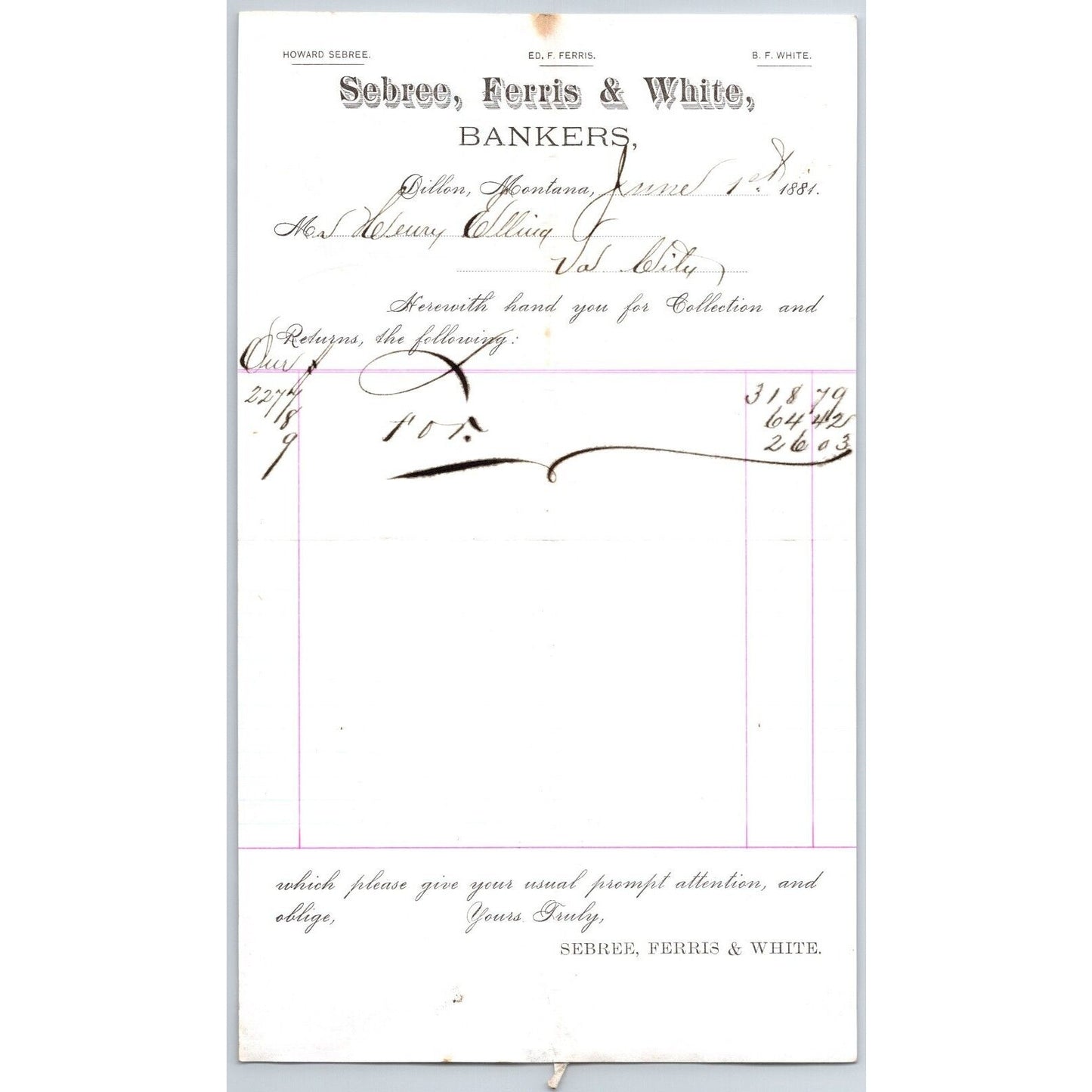 Sebree, Ferris & White Bankers Dillon, MT 6/1 1881 Statement Henry Elling*