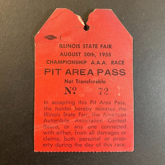 1955 Final Year* AAA Illinois State Fair Championship Race Pit Area Pass Stub