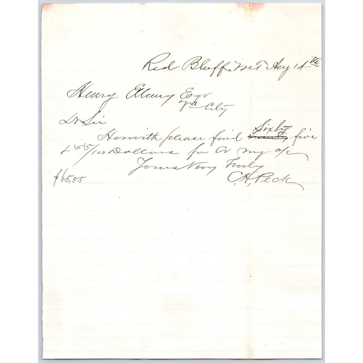 1881 C.H. Peck Red Bluff, MT ALS to Henry Elling* Virginia City, MT re: Payments