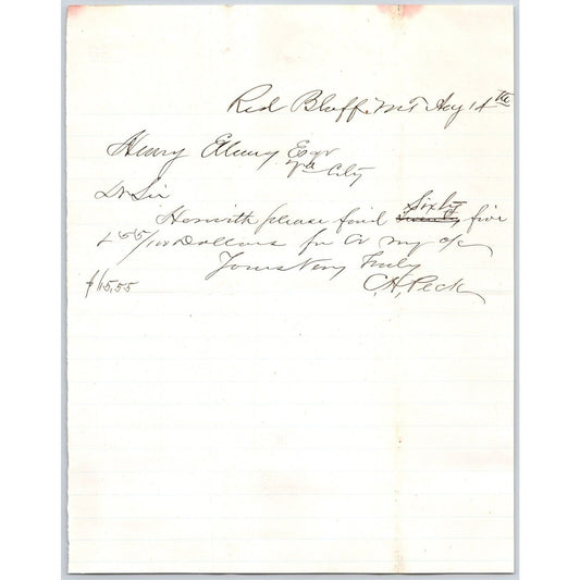 1881 C.H. Peck Red Bluff, MT ALS to Henry Elling* Virginia City, MT re: Payments
