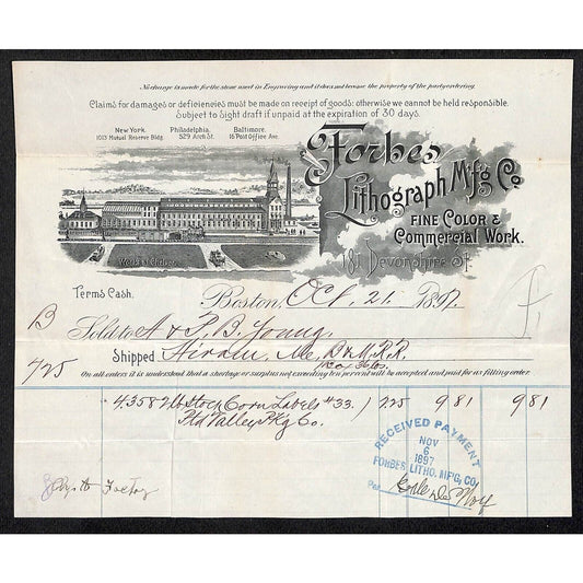 Forbes Lithograph Boston 1897 Billhead to A. & P. B. Young Hiram, ME via BM R.R.