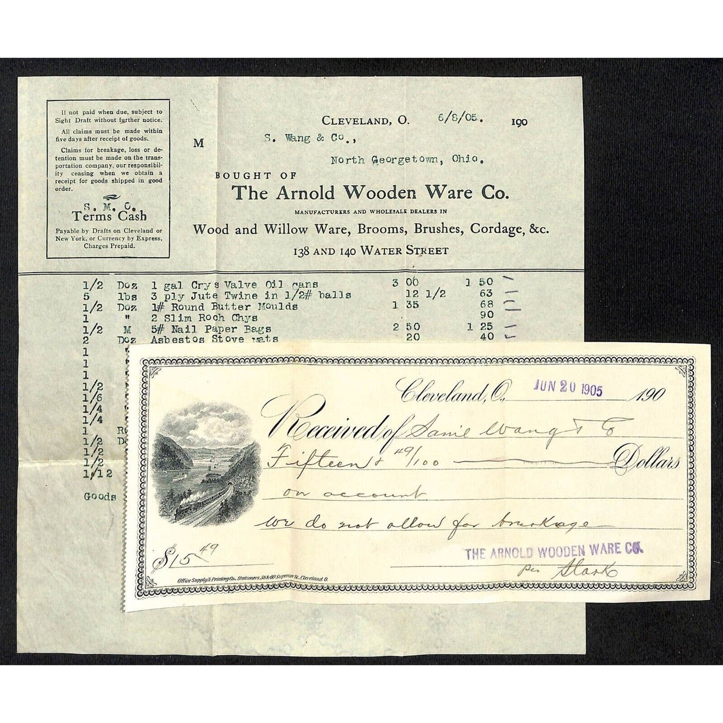Arnold Wooden Ware Cleveland Samuel Wang Co* N. Georgetown 1905 Billhead & Cover