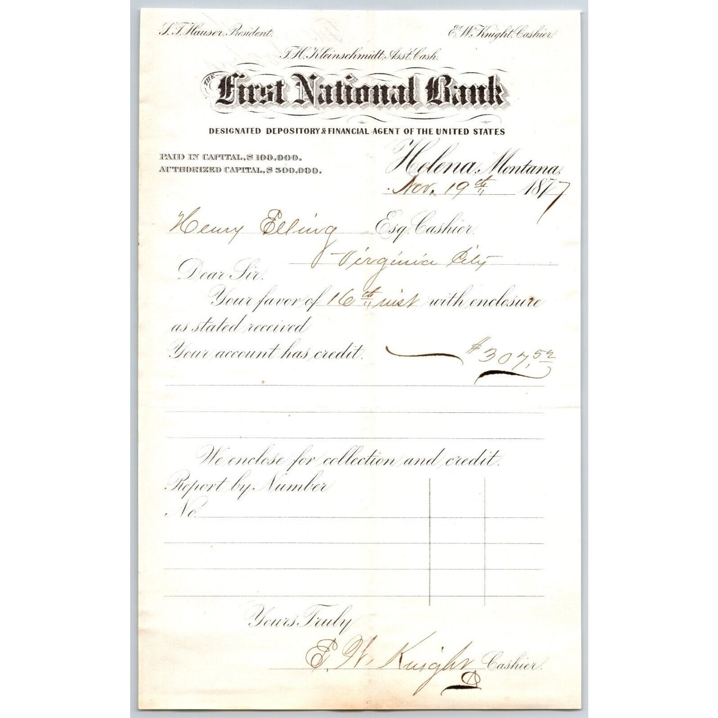 First National Bank Helena, MT 11/19 1877 Payment Advice Henry Elling*