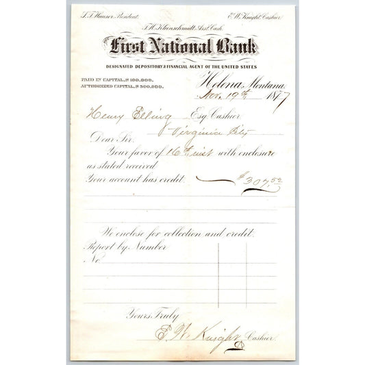 First National Bank Helena, MT 11/19 1877 Payment Advice Henry Elling*