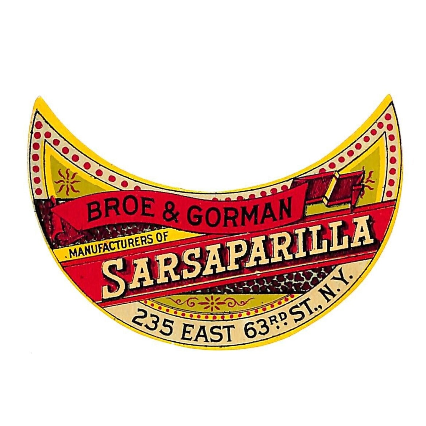 Broe & Gorman Sarsaparilla Soda Label 63rd St NYC c1900* Scarce VGC