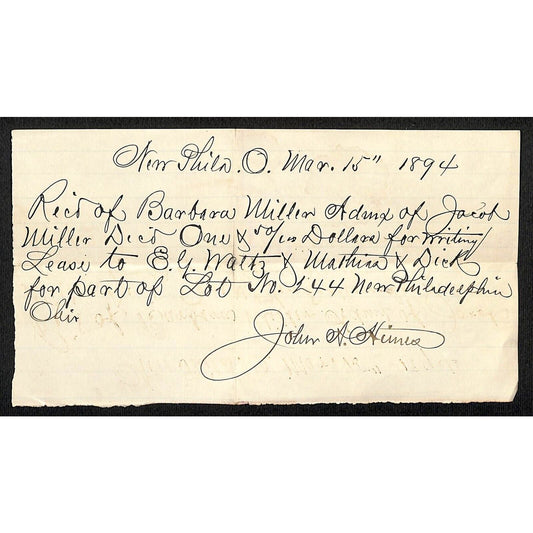 Barbara / Jacob Miller New Philadelphia, OH 1894 $1.50 Receipt for Writing Lease
