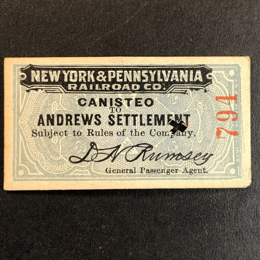New York & Pennsylvania Railroad July 30 1917 Andrews Settlement Ticket #794