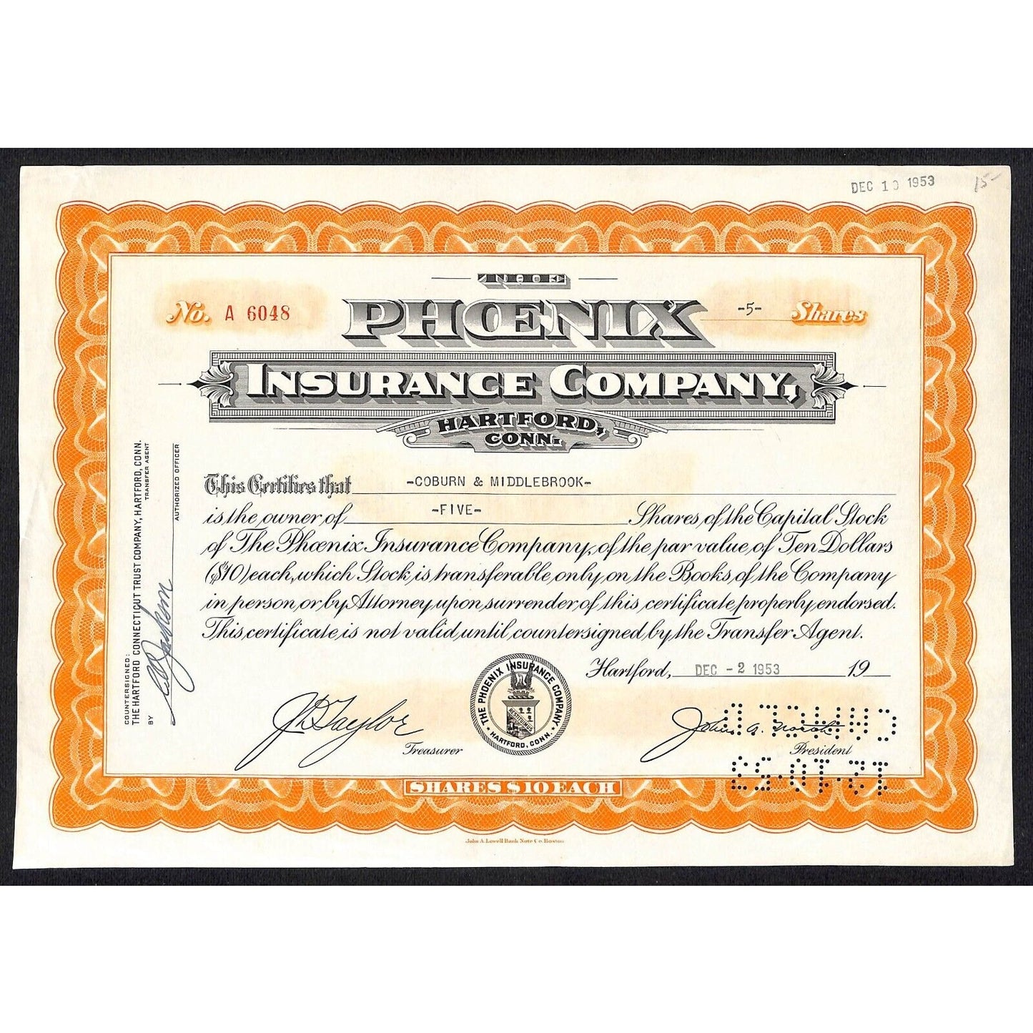 Phoenix Insurance Co. Hartford, CT 1953 Stock Certificate Coburn & Middlebrook