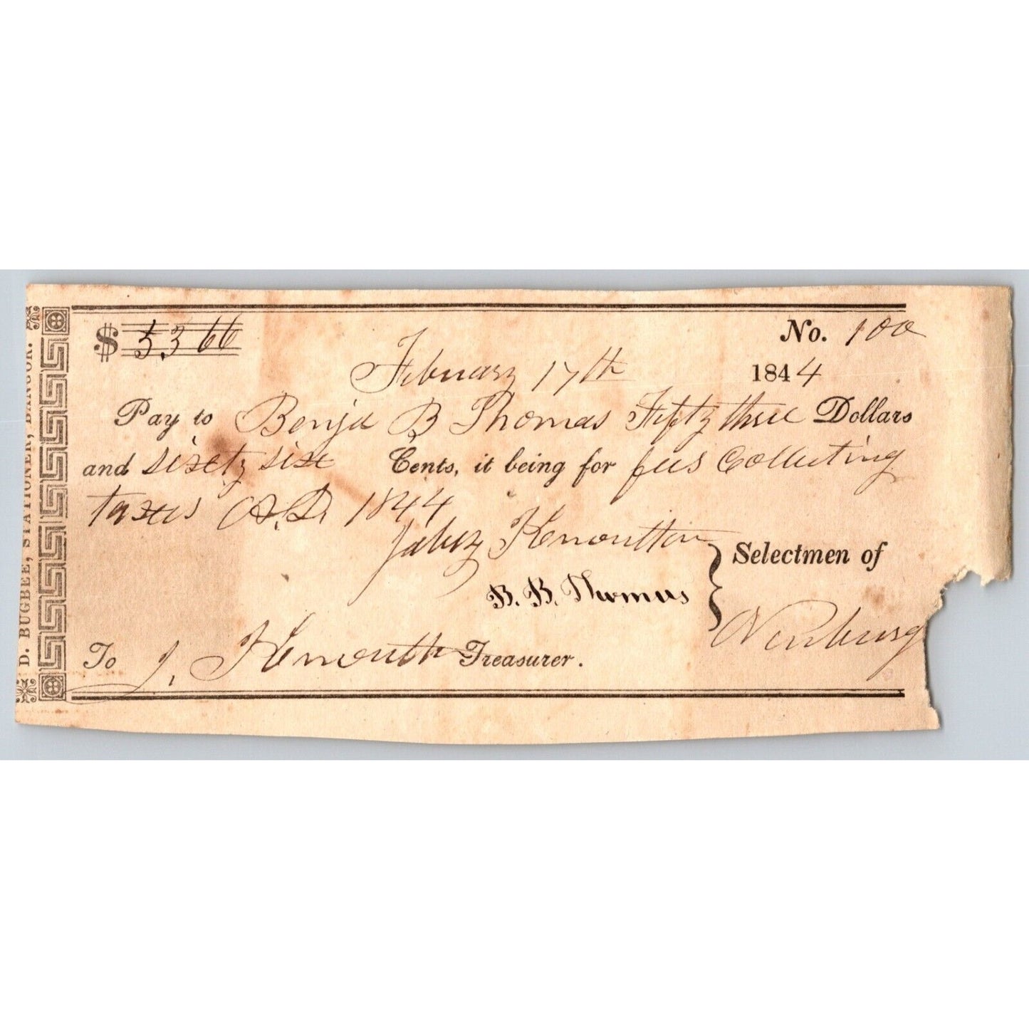 1844 Jabez Knowlton* Newburgh ME Town Check to Benjamin B. Thomas Collecting Tax