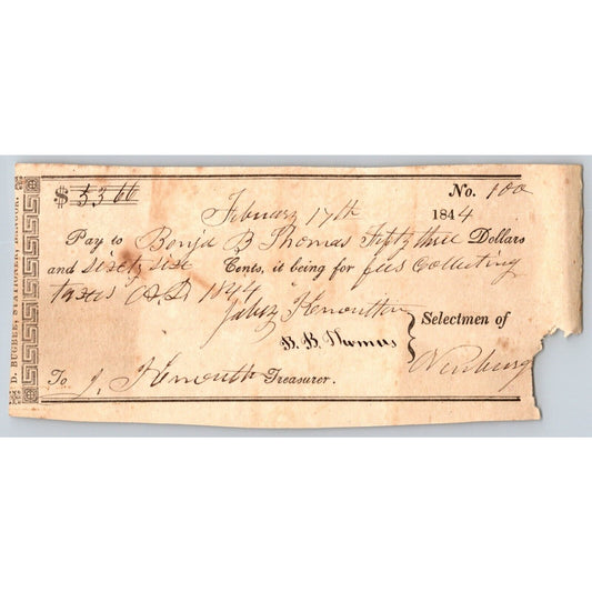 1844 Jabez Knowlton* Newburgh ME Town Check to Benjamin B. Thomas Collecting Tax
