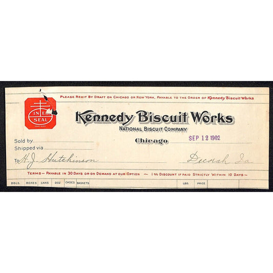 Kennedy Biscuit Works (Nabisco*) Hutchinson Decorah IA** - Cut 1902 Billhead